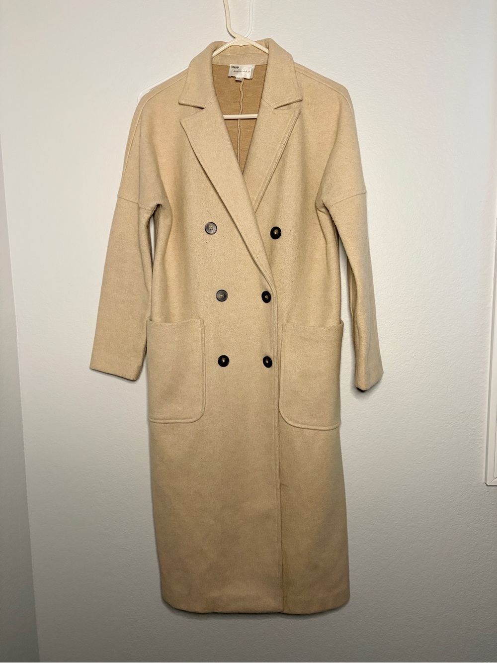 Line & Dot Double-Breasted Long Overcoat in Cream Medium